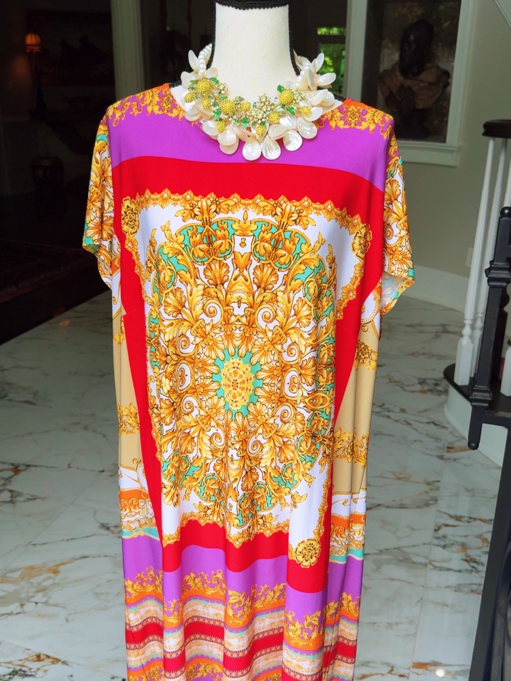 Danny & Nicole Baroque Medallion Maxi Dress in Pink, Orange & Gold